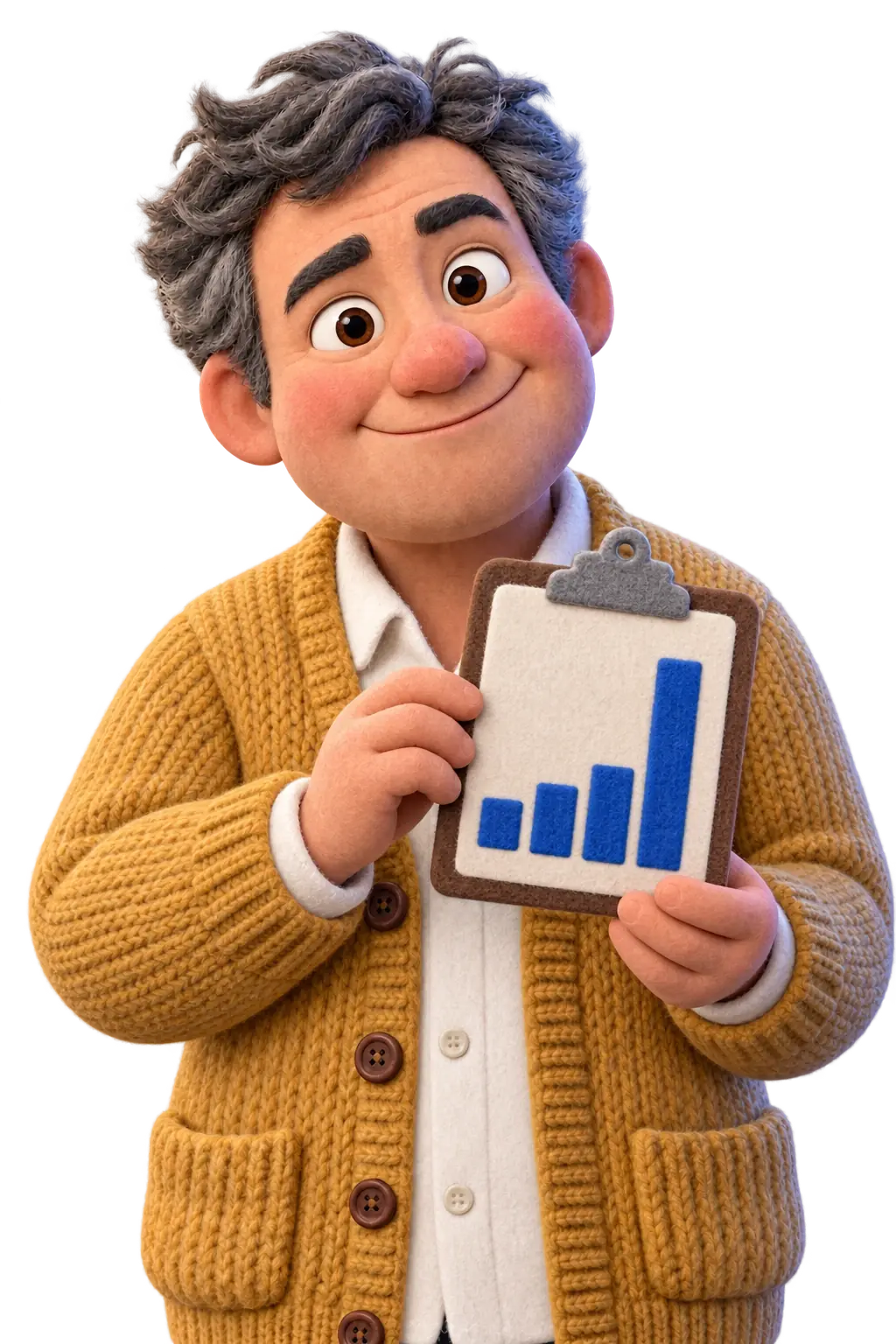 He holds up a clipboard with a rising chart