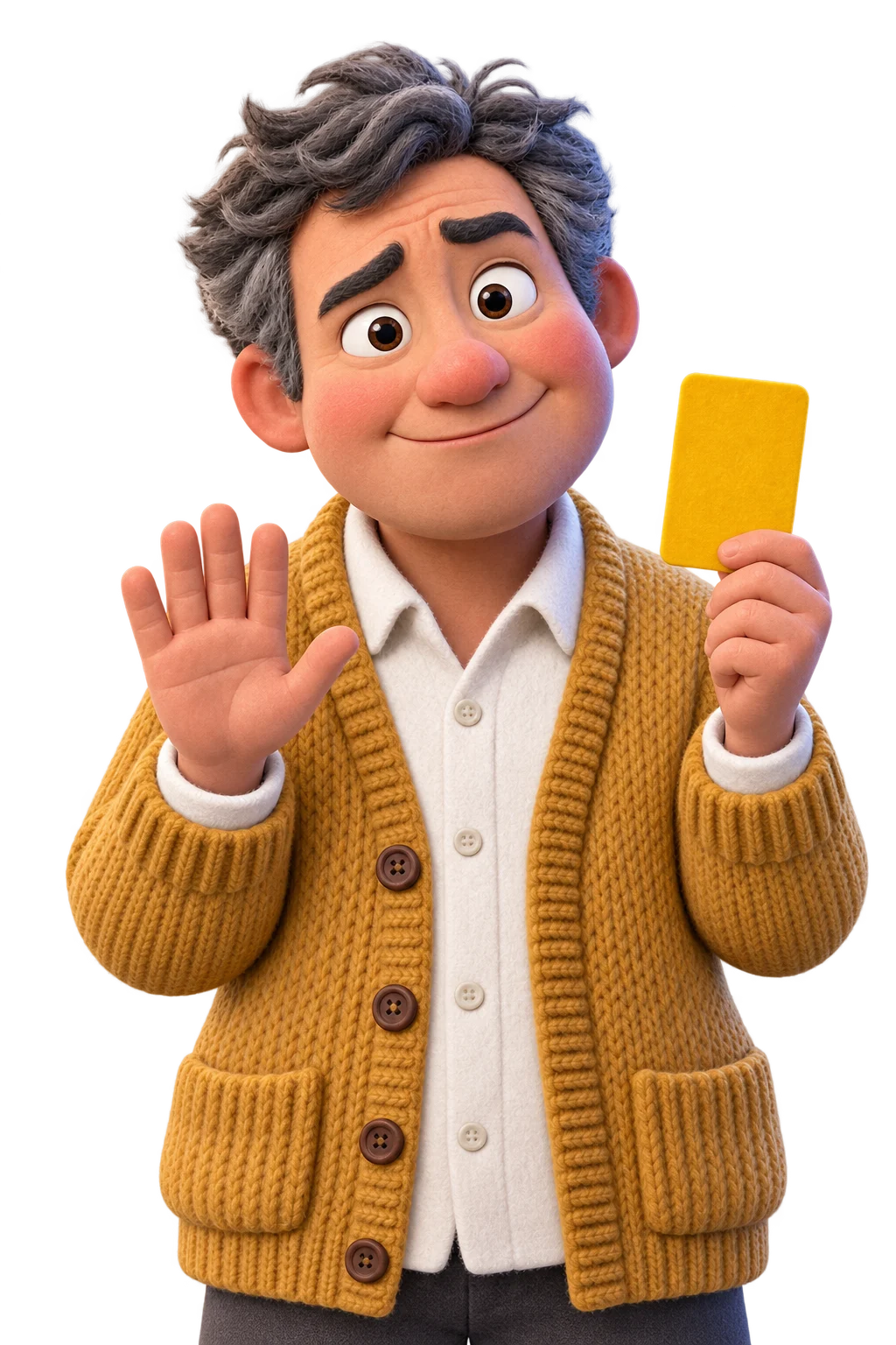 He holds up a hand and a yellow card: pause